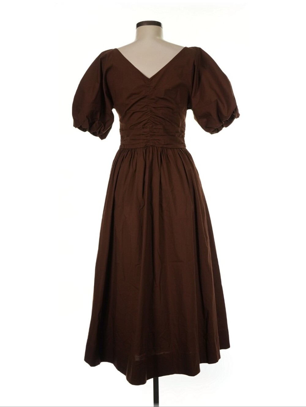 STAUD Brown Puff-Sleeve Midi Dress